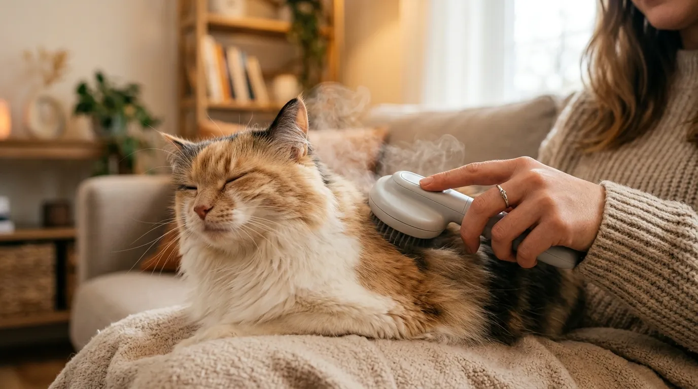 Persona cepillando suavemente a un gato con un cepillo de vapor para mascotas