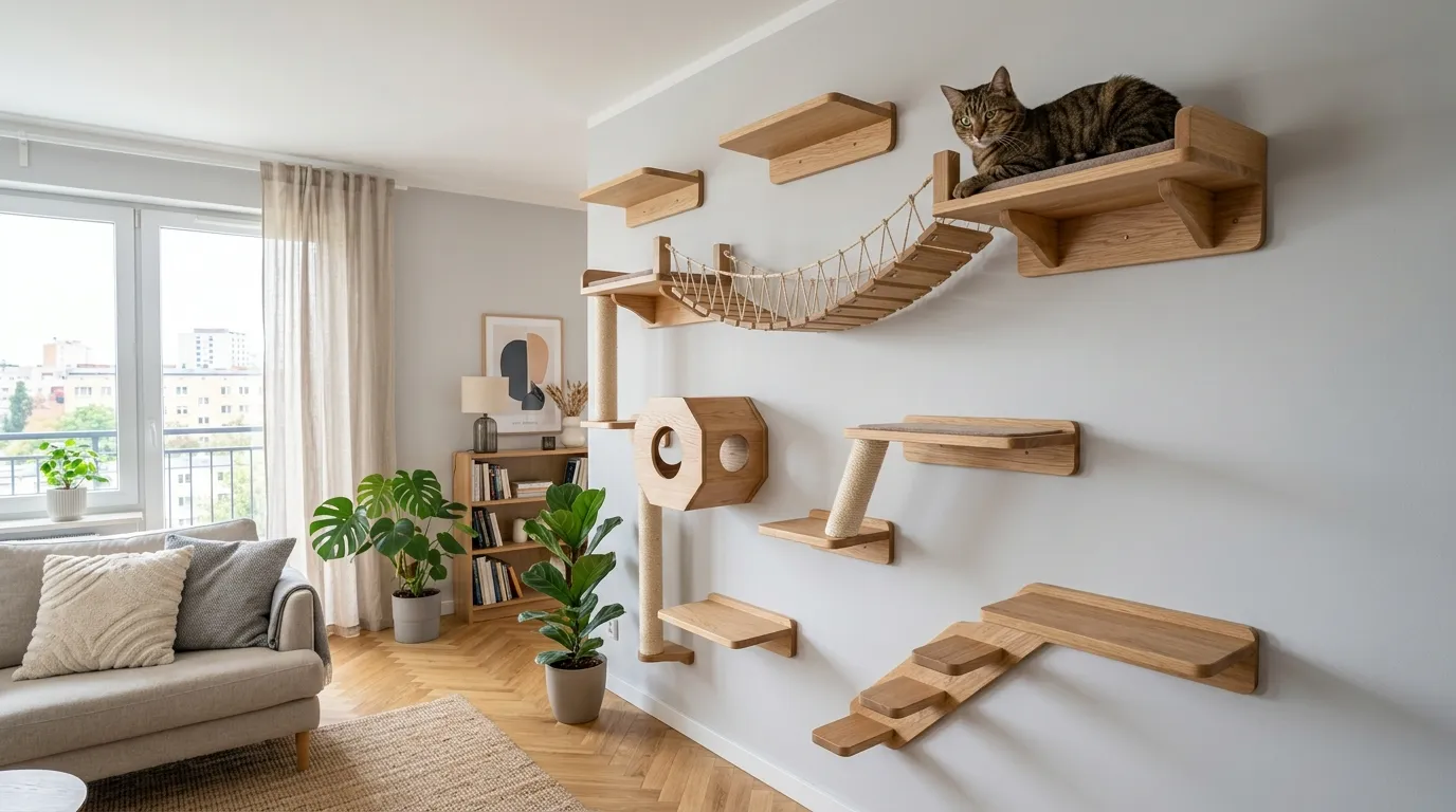 Estantes y puentes de pared de madera para gatos con un gato descansando en una repisa alta