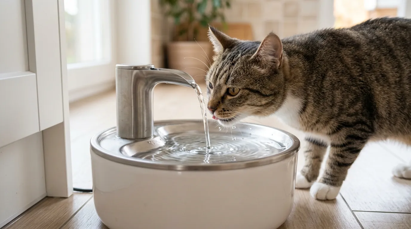 Gato bebiendo agua fresca en movimiento de una fuente automática de acero inoxidable