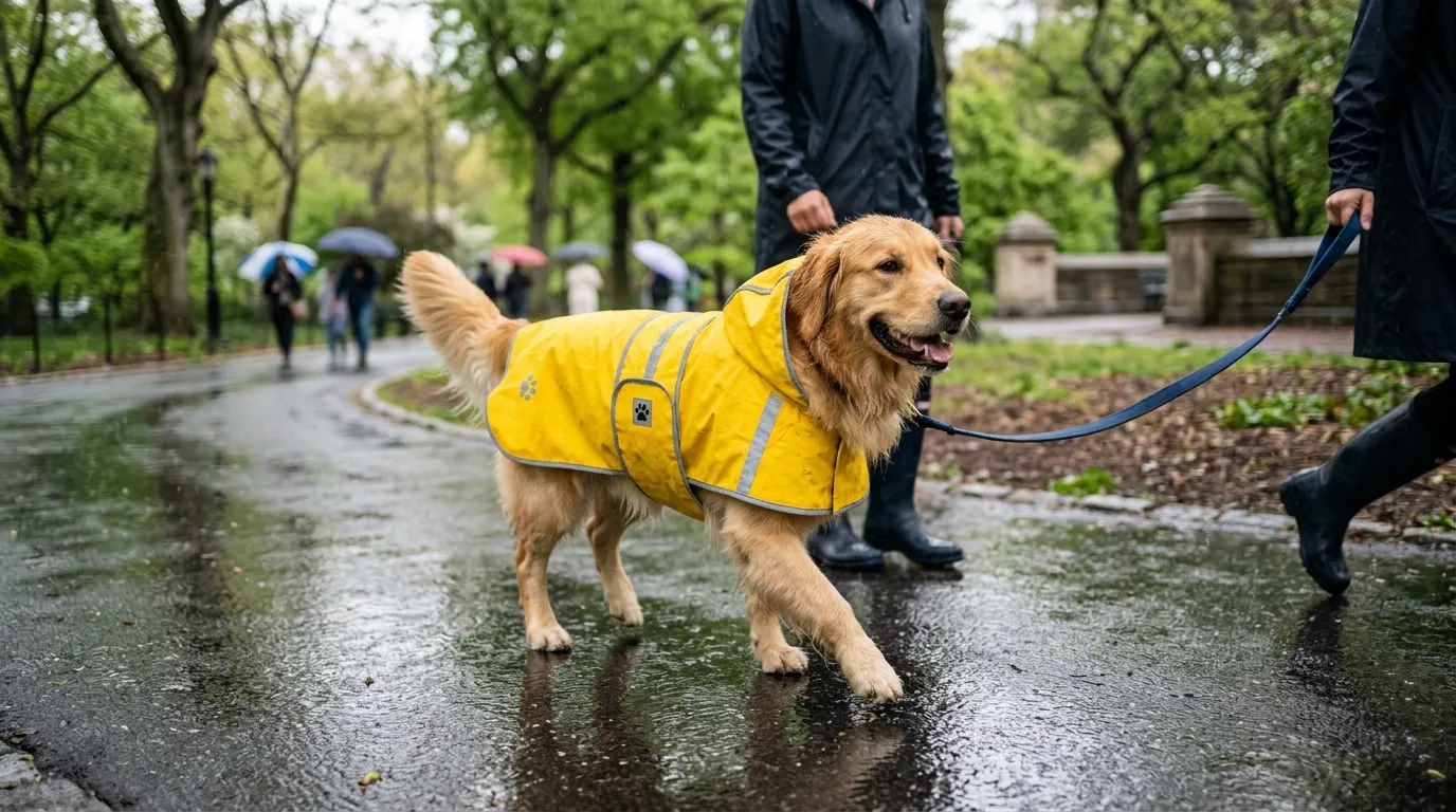 Perro paseando bajo la lluvia con un impermeable amarillo impermeable con reflectante