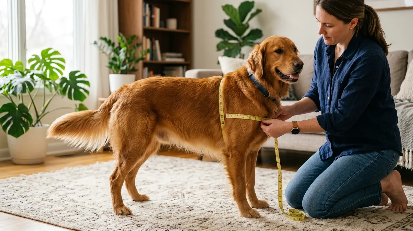Persona midiendo el contorno del pecho de un perro golden retriever con una cinta métrica flexible para elegir la talla de arnés