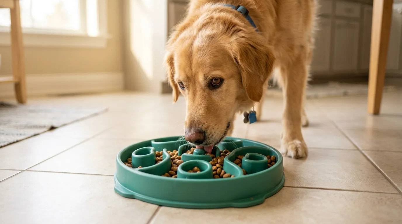 Perro comiendo croquetas pausadamente de un plato comedero antivoracidad tipo laberinto