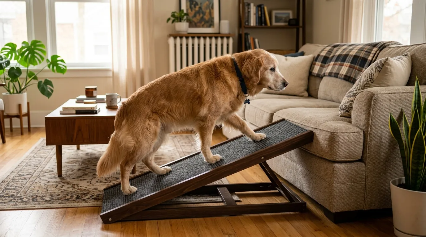 Perro mayor subiendo por una rampa de madera acolchada hacia el sofá
