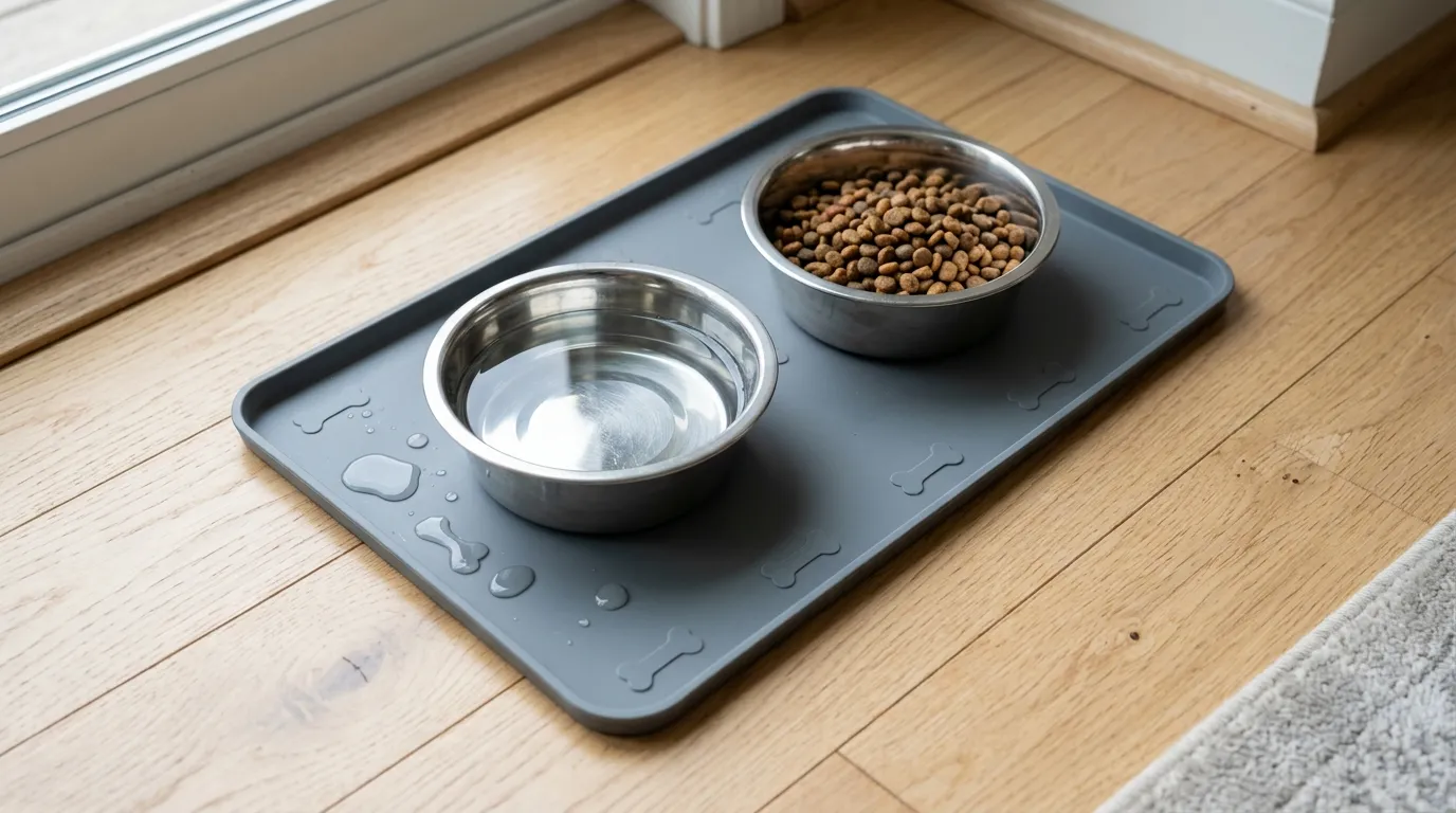 Tapete de silicona impermeable con bordes elevados debajo de platos de agua y comida